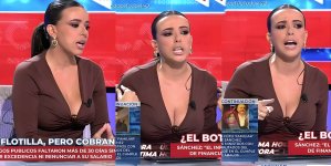 Tres capturas de la tertuliana tetona Sarah Santaolalla en un programa de TV.jpg